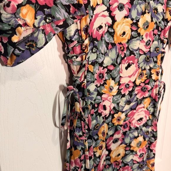 Paris Sport Club Floral Midi Dress Puff Sleeve Tie Waist Size 14 Small VTG - Picture 9 of 12